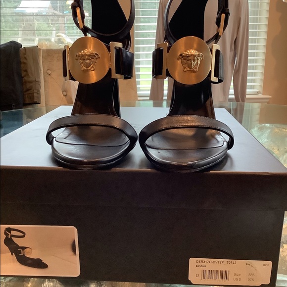 Versace Black Gold Medallion Sandals - Picture 9 of 10